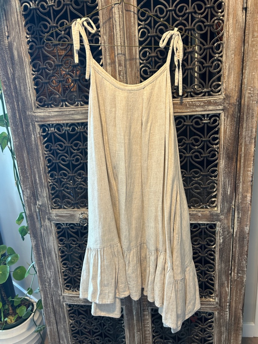 Lightweight Linen Beige Tie-Shoulder Sundress